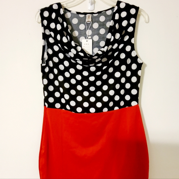 Mike is Stretch Black/Red White Polka-dot Sleeveless Sheath Dress Cowlneck Sz XL - Picture 2 of 11
